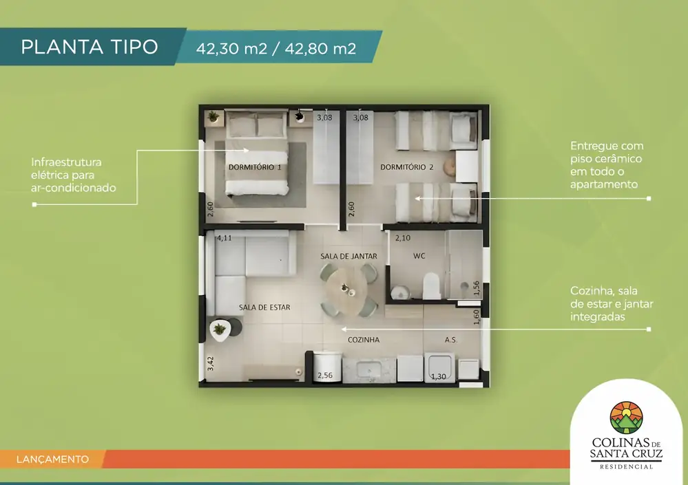 Planta tipo de 42,30 m² a 42,80 m²